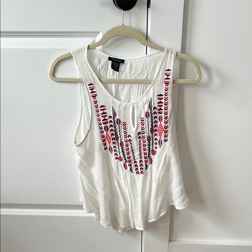 White and Red Embroidered Tank Top